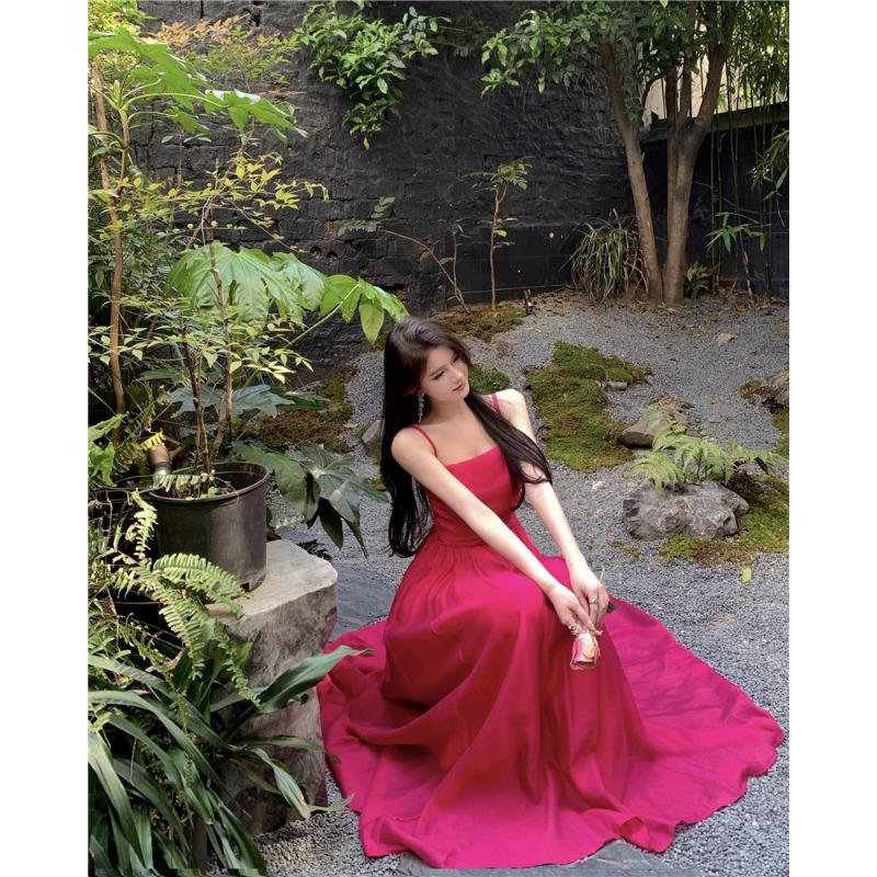 

YYFS Женская мода лето весна однотонный принт без рукавов подтяжки высокая талия повседневные платья L розы красного