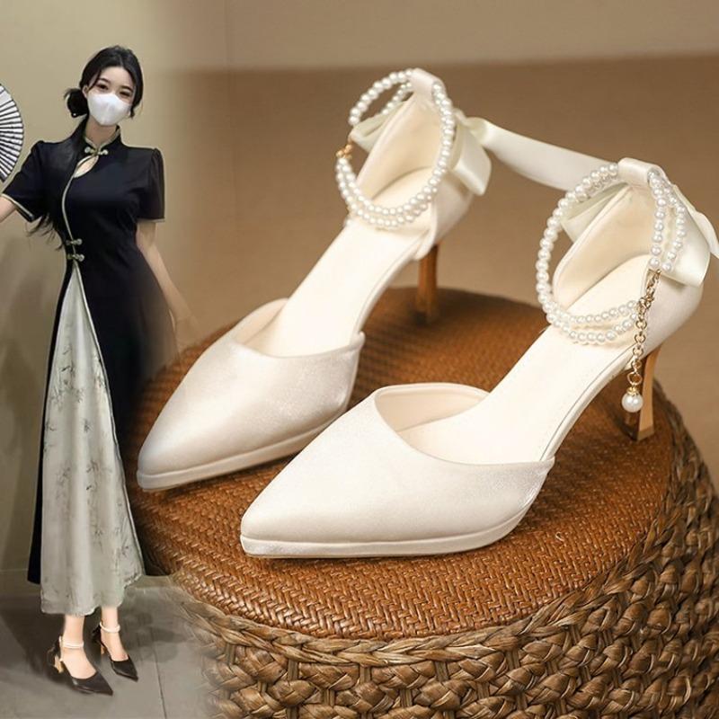 Fashion Women's Sandals Summer New Pointy Matte Ribbon Beaded Heels Fashion Temperament Skinny Heels Wedding Party Single Shoes