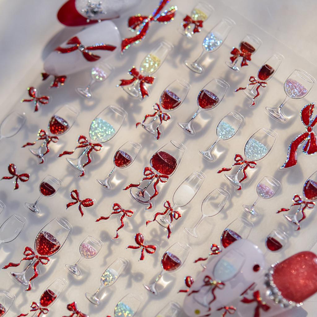 Shiny Red Bowknot Bow Tie Silk Ribbon Butterfly 5D Nail Art Sticker Pearl Rhinestones Self Adhesive Decoration Manicure Decal