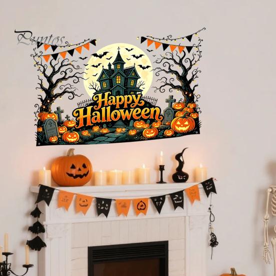 Easy Apply Halloween Decals Happy Wall Stickers, Moonlit Castle Pumpkin Clings, Waterproof Retro Stickers Haunted House for Home Living Room