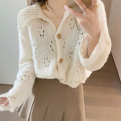 Autumn Korean Fashion Sweet Knitted Cardigan Women New Design Retro Loose Knit Sweater Female Hollow Out Style Casual Solid Clothing