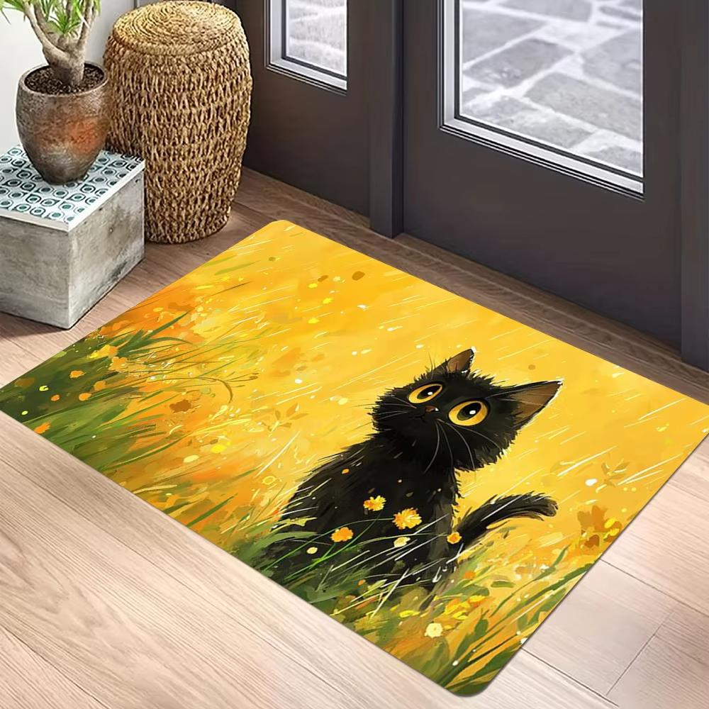 VIKAMA Cute Cartoon Kitten Carpet Black Stain-Resistant Doormat Welcome Mat Rug For Bedroom Carpet For Live Room Home Decor