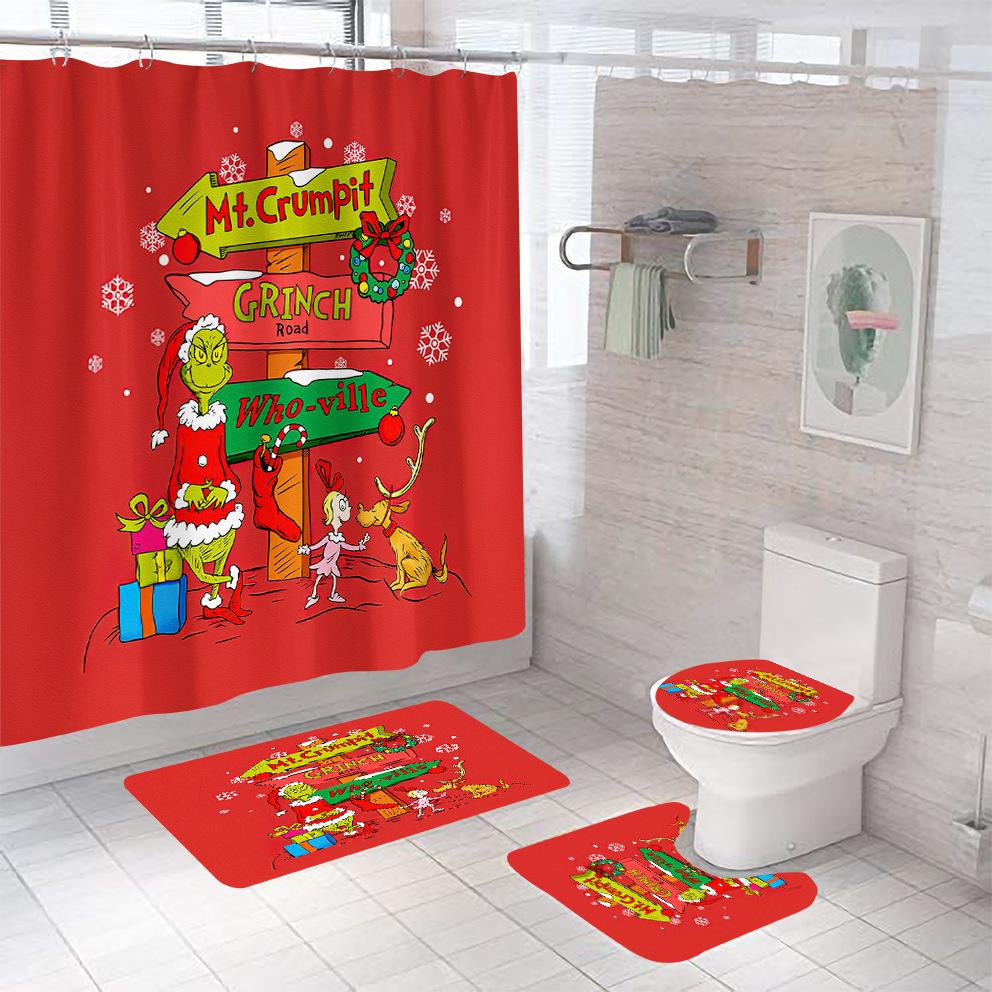 Bathroom Shower Curtain Four-Piece Green Hair Monster Christmas Green Waterproof Shower Curtain Toilet Partition Curtain Bath Mat
