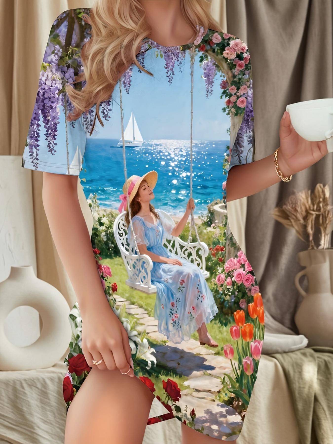 

A New Design Featuring a Western-Style Casual Short-Sleeve Nightgown with Floral Prints. Depicting a Swinging by The Seaside. Suitable for Wearing at 3XL дубильна кора