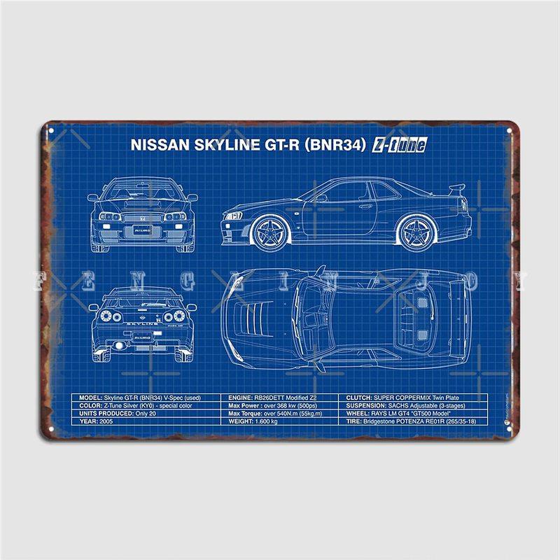 

Blueprint Skyline Gt-R R34 Z-Tune Blue Metal Plaque Poster Wall Cinema Living Room Garage Decoration Tin Sign Posters 20x30cm（7.8x11.8inch）
