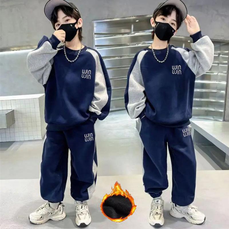 Ensembles Chauds d'Hiver pour Garçons Enfants Polaire Automne Sweat à Capuche Costumes Enfants Rembourrés Sweat-shirts+Pantalons Tenues Adolescent Vêtements en Velours