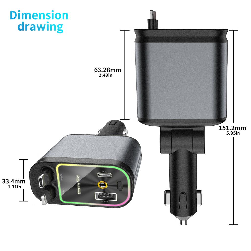 120W 4 IN 1 Retractable Car Charger USB Type C Cable For iPhone Samsung Super Fast Charging Cord Cigarette Lighter Adapter