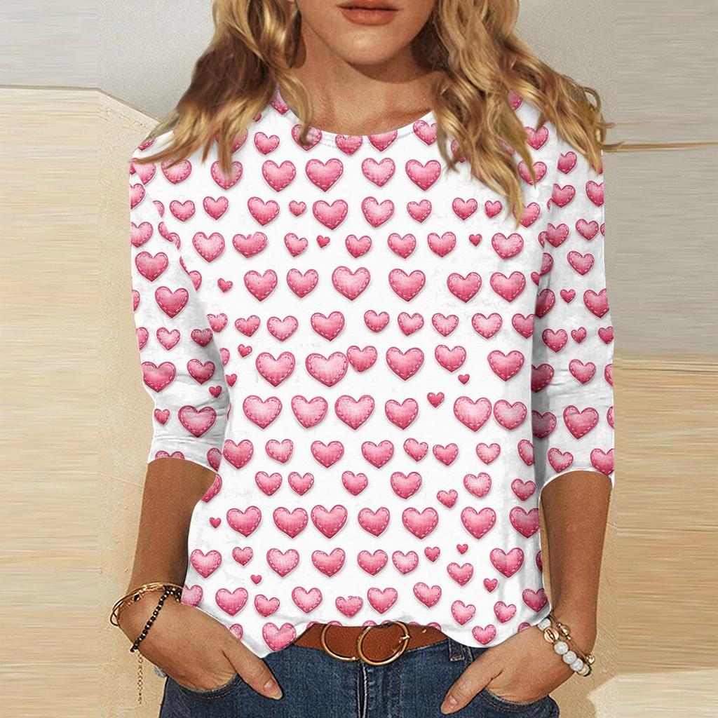 Women's Fashion Casual Round Neck 3/4 Sleeve Loose Printed T-Shirt Ladies Top