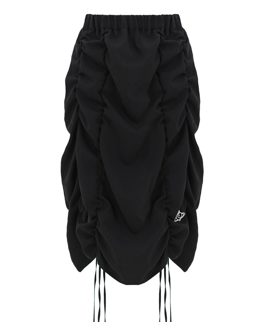 Plasma Sphere 2-Way Scrunchie A-Line Shirred Ribbon Cotton Midi Skirt_Black