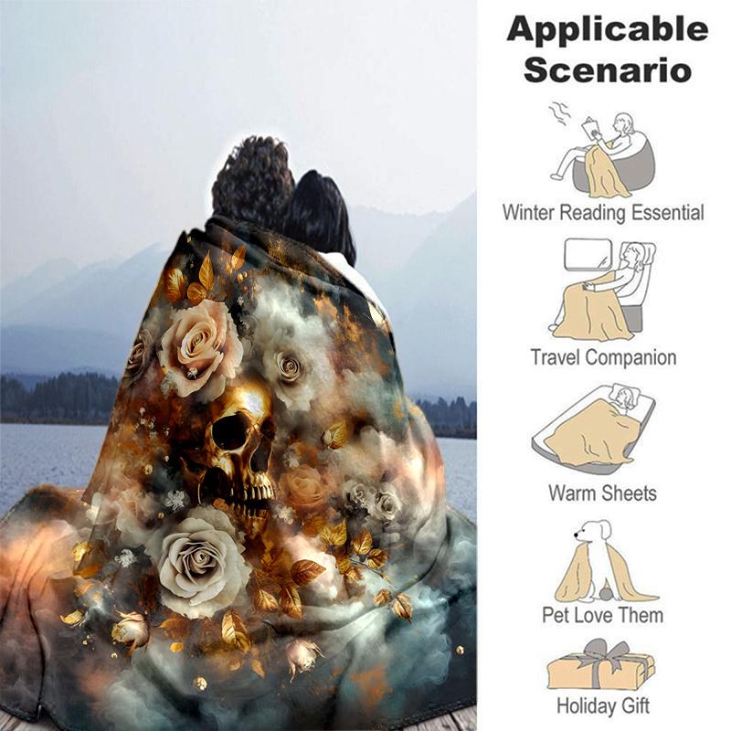 1pc Golden Skull amidst Roses Blanket,Living Room, Travel.K051
