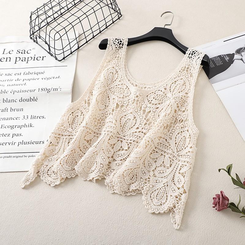Literary and Artistic Solid Color Three-dimensional Hook-up Embroidered Lace Small Vest Large Size Women's Sleeveless Round Neck Casual Outer