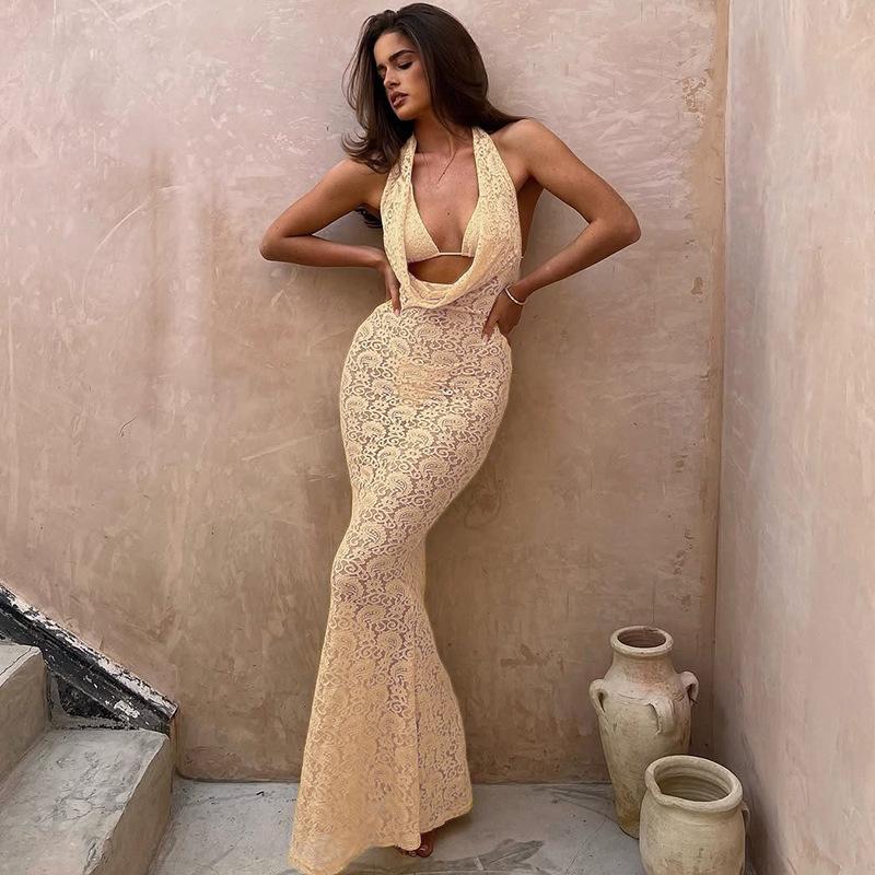Spice Girl's new backless v-neck neck dress, women's summer slim-fitting fishtail skirt, lace waist-wrapped hip dress