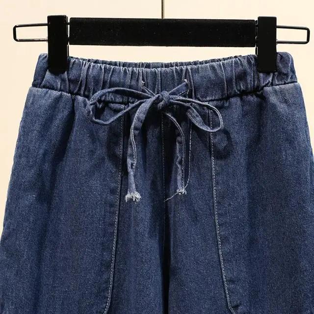 Pantaloni a nove punti taglie forti, Jeans a gamba larga, Jeans da donna a vita alta a gamba dritta