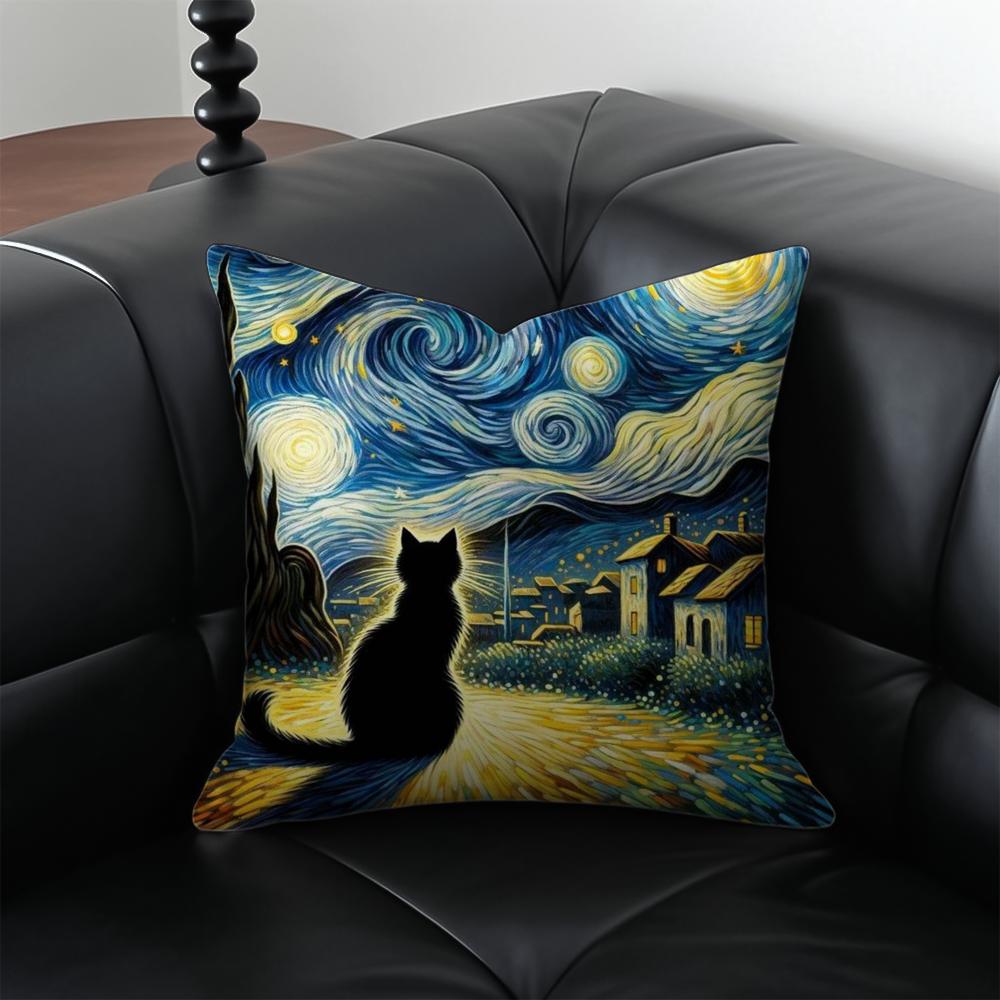 Van Gogh Starry Sky Kawaii Cat Cushion Cover Pillow Case Anti-Dustmite Invisible Zipper Silky Plush Cushion