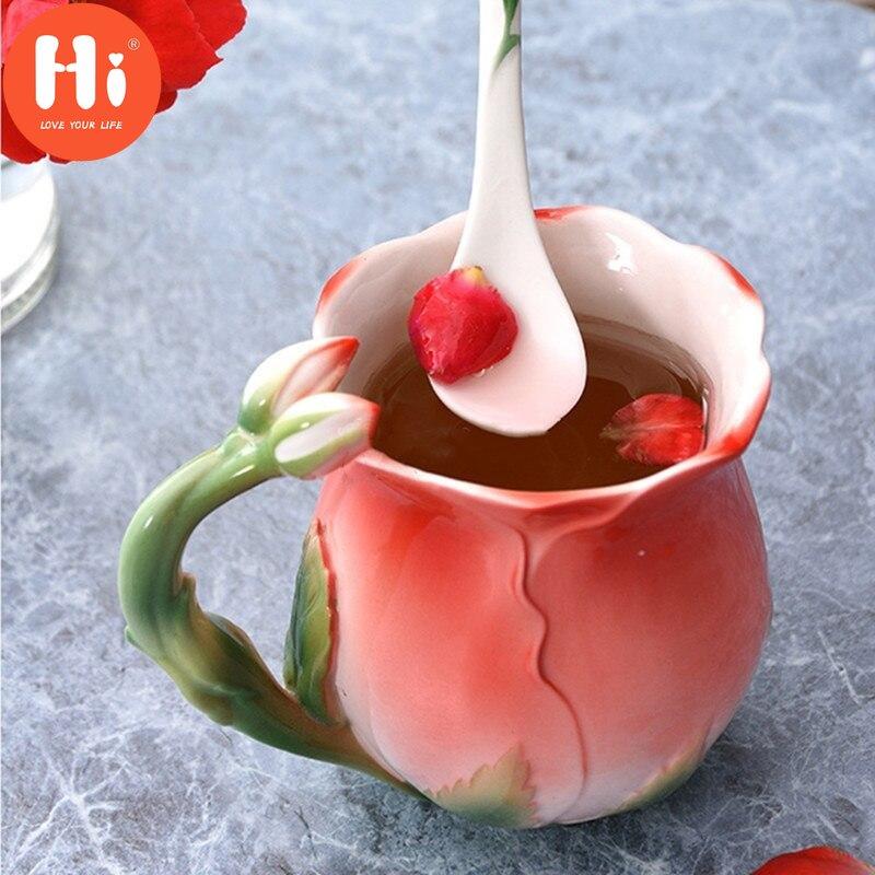 Hi European Style Enamel Ceramic Coffee Mug Creative 3D Rose Flower Shape Teacups Pastoral 4 Colors Breakfast Milk Cups With Spoon