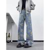 American High Street Flower Print Jeans Men's Autumn Niche Design Pants Cleanfit Straight Wide-leg Pants