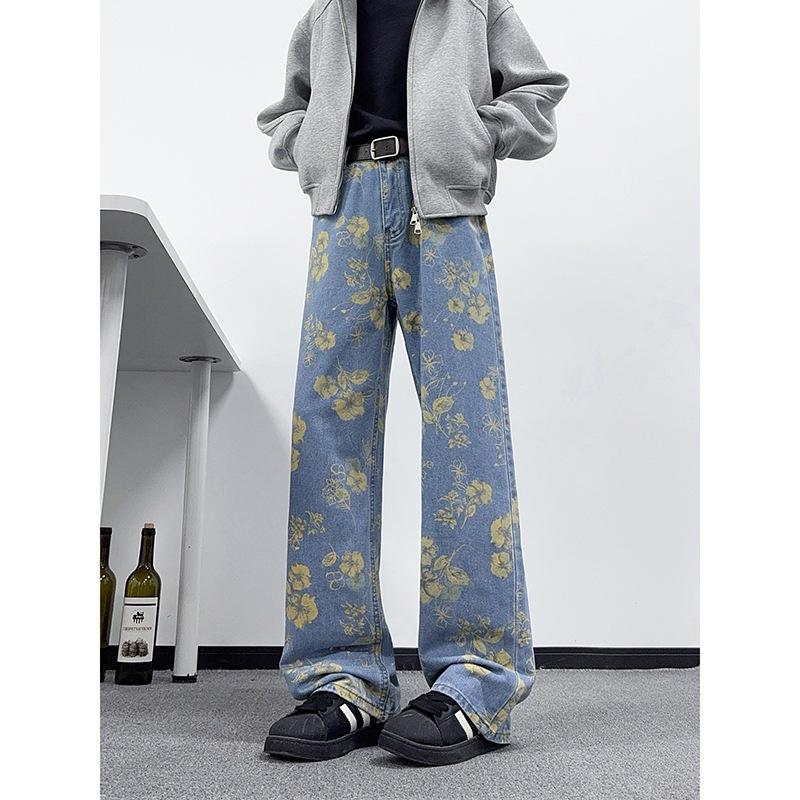 American High Street Flower Print Jeans Men's Autumn Niche Design Pants Cleanfit Straight Wide-leg Pants