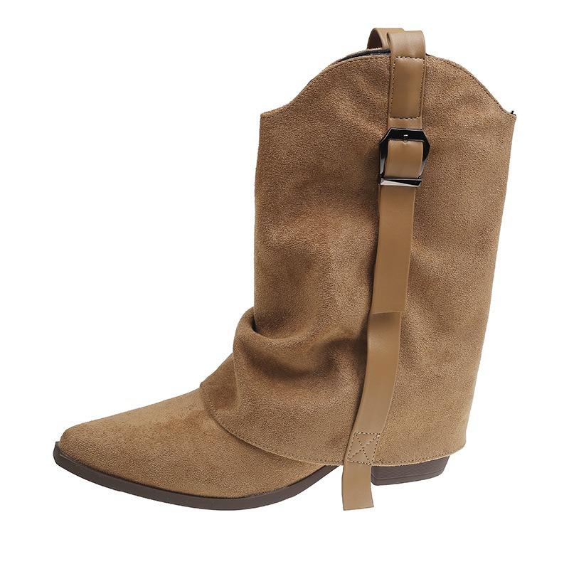 Cowhide Version Pointed Thick Heel Thin Trouser Boots Women's Retro Western Cowboy Boots Women's Maillard Brown Knight Boots