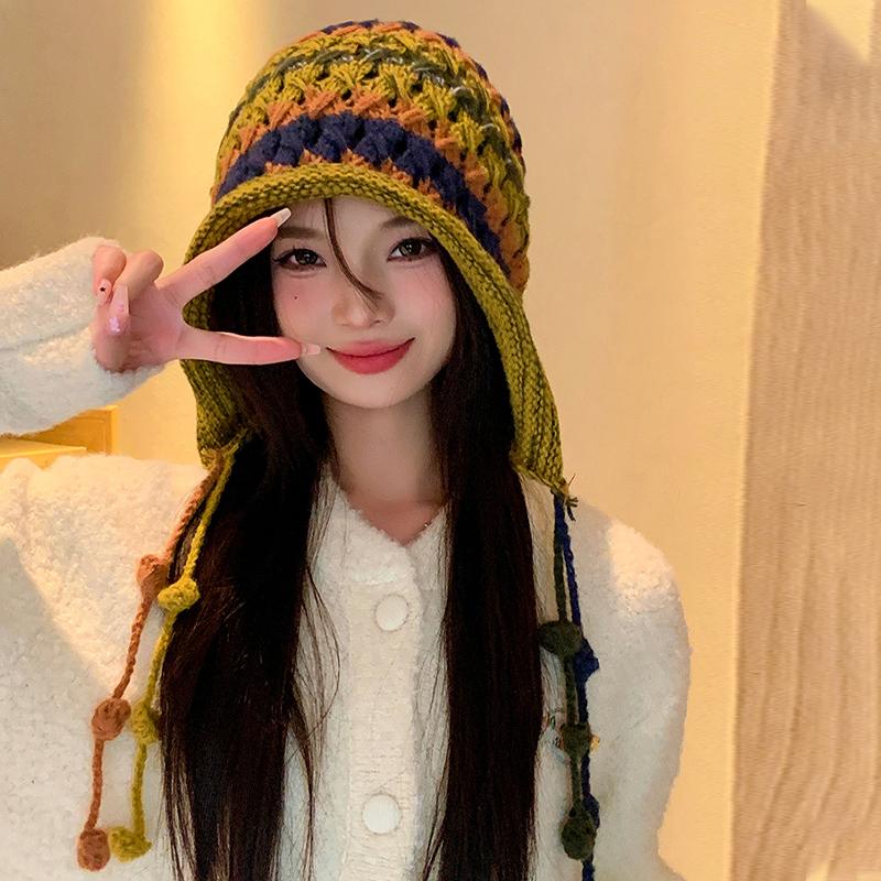 Women'S Baotou Hat Autumn And Winter Colorful Tassel Ball Tie Earmuffs Hollow Knitted Wool Hat