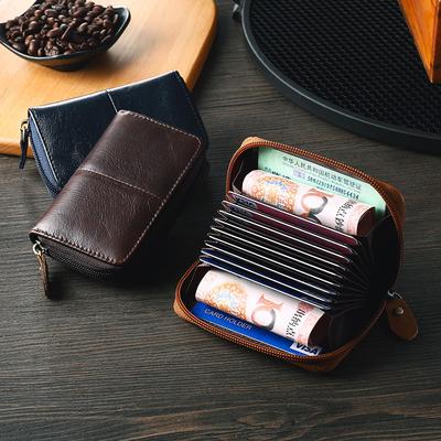 RFID Anti-magnetic First Layer Cowhide Card Bag, Leather Zipper Organ Card Clip, Retro Oil Wax Leather Change Bag, Card Bag.