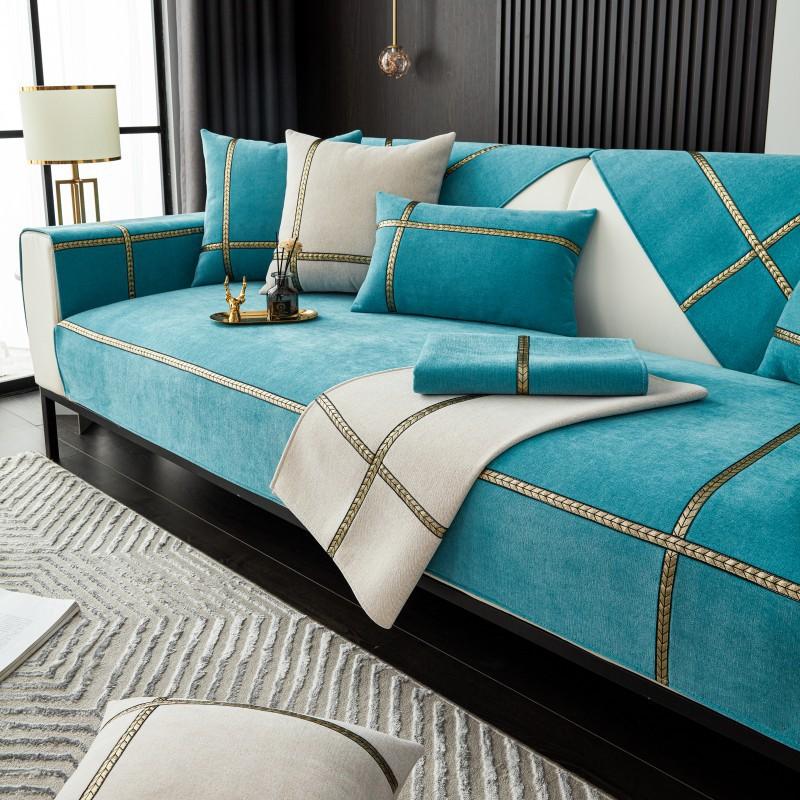 Neuer Sofabezug aus Chenille-Weizenährengewebe, L-Form, Couch, einfarbig, rutschfest, schlichter Kissenbezug für die Rückenlehne