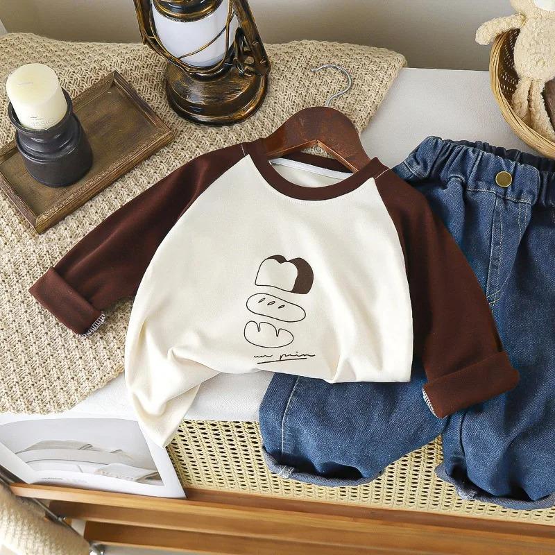 1-12Y Children's Velvet Base Shirt Spring Long Sleeved Casual Tee Baby Girls Boys Patched Color Round Neck Outerwear Tops