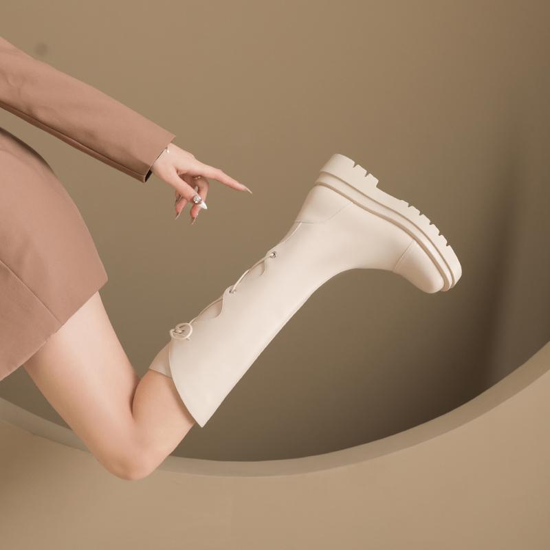 2024 New Fashion Women's Thick Knee-high Boots Autumn and Winter Patent Leather Women's Lace-up Mid-heeled Casual Boots