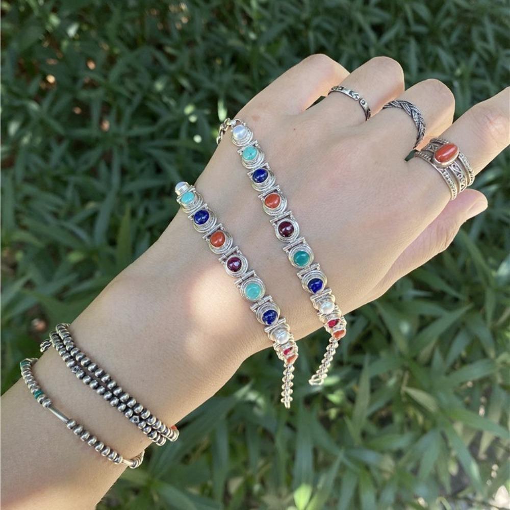 Handmade Garnet Blue Gold Turquoise Duobao Bracelet Vintage Gemstone