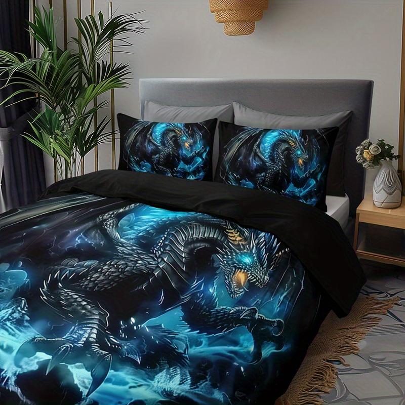 Cool Blue Flame Black Dragon Duvet Cover Set 2/3Pcs With 1 Duvet Cover And 2 Pillowcases  Christmas Gift