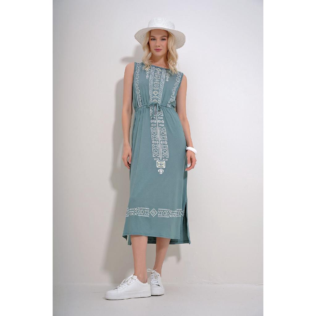 Rochie de damă neagră cu broderie imprimată boemă Alc-6564