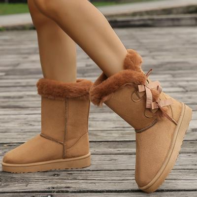 Fashion Plus Size Short Thigh Boots Women's Winter New Round Toe Suede Sleeve Bow Non-Slip Wear-Resistant Warm Flat Snow Boots