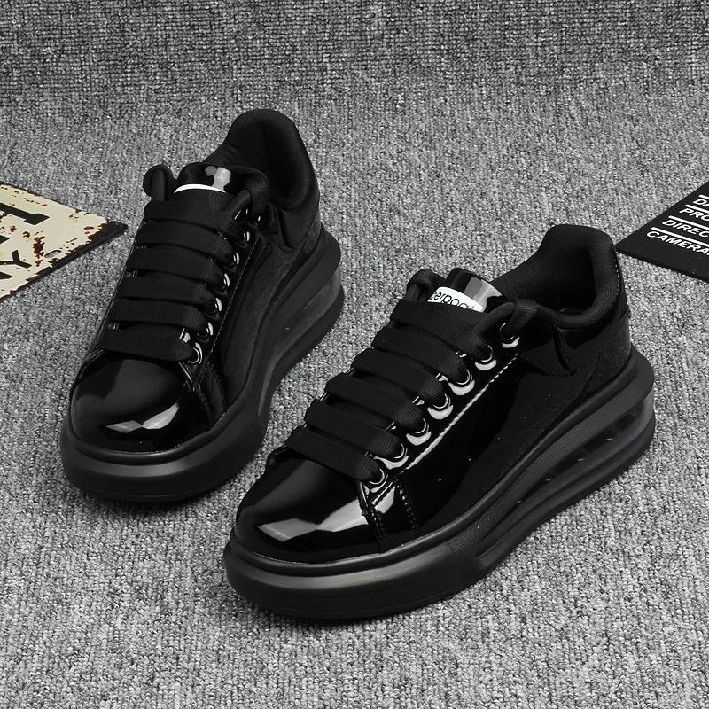 Shiny Patent Leather Small White Shoes Women's Couple Models Air Cushion Women's Skateboard Shoes Sneakers Women