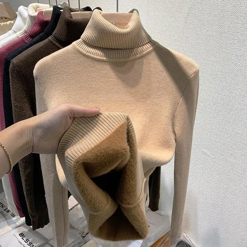 WTEMPO Rollkragenpullover Einfarbig Langarm Beiläufige Gestrickte Pullover Frauen Herbst Winter Plüsch Verdickte Jumper Warme Bodenbildung Strickwaren