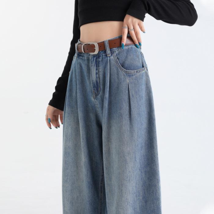 Women s Drapey Plaid Wide-Leg Cropped Jeans, High-Waisted Wrinkled Straight-Leg Pants. Small