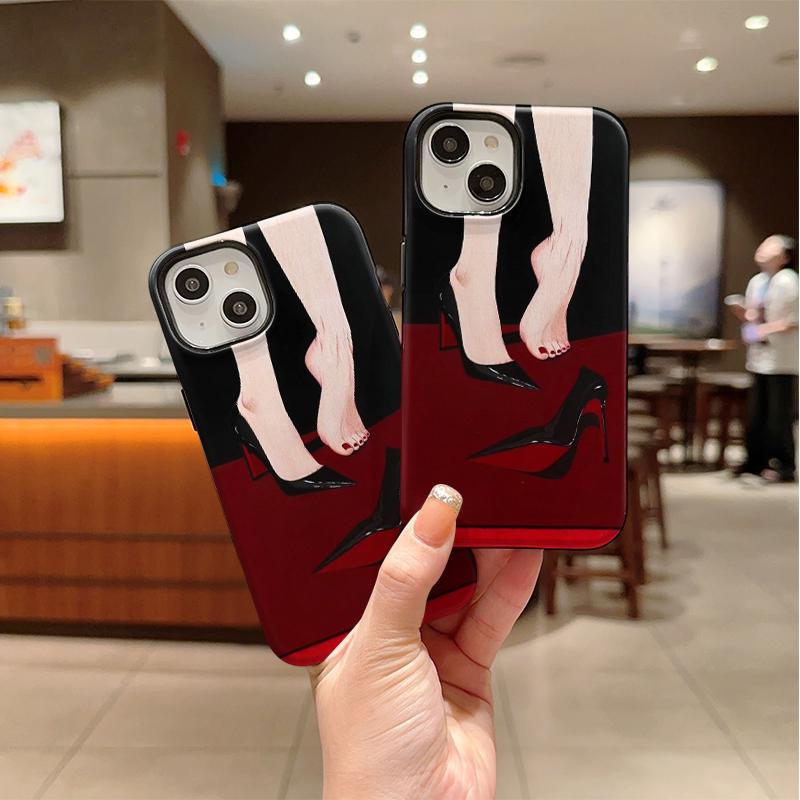 Elegant Minimal Black Red High Heels Stiletto Bare Foot Red Nail Art Film Aesthetic Protective Shockproof Bumper Case For iPhone 14 15 16 Pro Max Plus