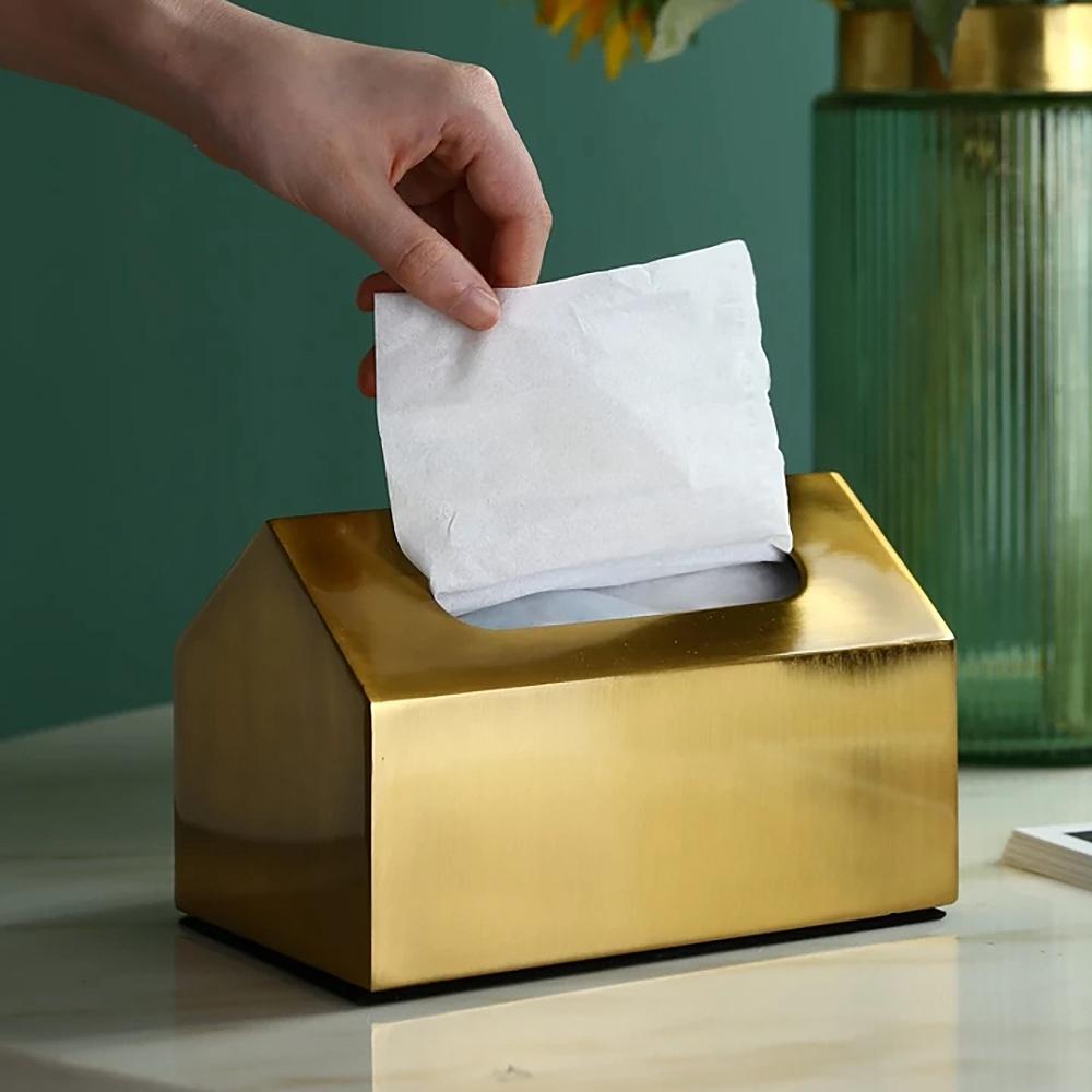 A20F-1Pc Metal Tissue Box Square Golden Rectangle House Geometry Desktop Storage Organization Living Room Modern Home Decor