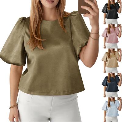 New Elegant Women's Round Neck Satin Puff Sleeve Pullover Babydoll Top