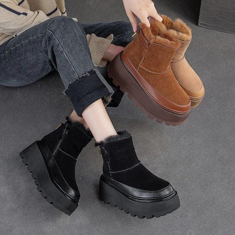 Johnature Thick Sole Snow Boots With Plush Warm Side Zipper Versatile Retro Solid Color Women's Shoes