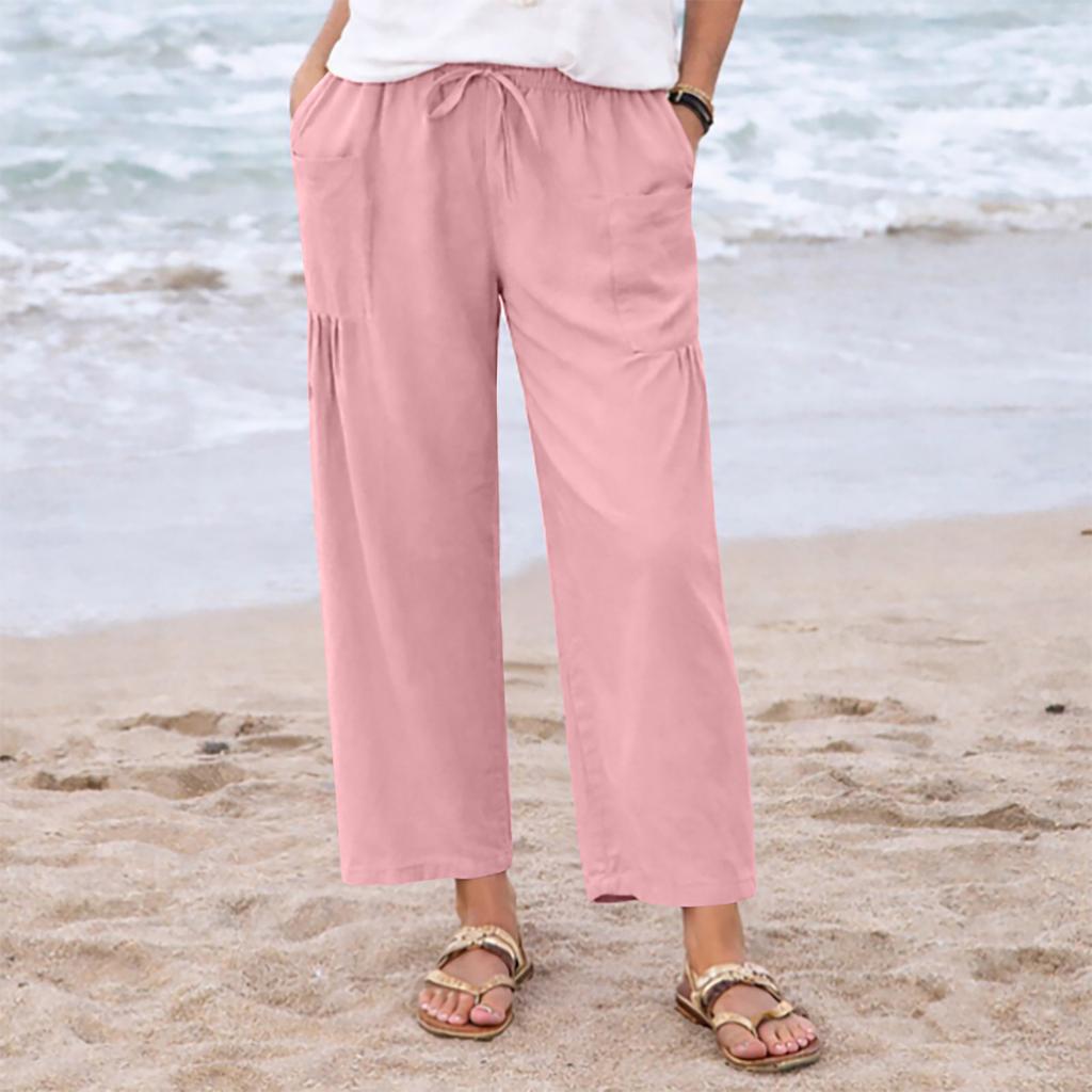 Women Loose Fit Wide Leg Drawstring Pants Casual Linen Trousers with Pockets Elastic Waistband Relaxed Fit Summer Bottoms