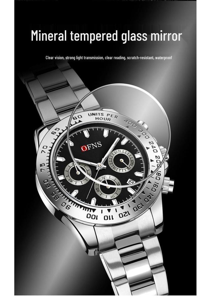 OFNS Men's Quartz Watch: Fashionable Business Design, Six-Hand Dial, Calendar, Solid Steel Band, Waterproof.