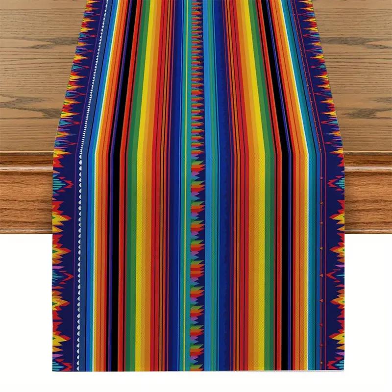 Runner da Tavola in Lino Stile Messicano Decorazioni Festa Messicana Fiesta Strisce Geometriche Colorate Runner da Tavola Decorazione Tavola da Cucina e Sala da Pranzo