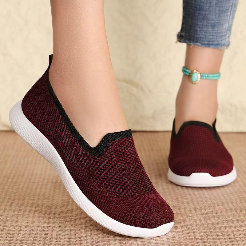 Women's Spring Autumn New Mesh Casual Shoe Thick Sole Non Slip Shallow Slip On Light Round Toe Flat Sole Elderly Walking Shoes