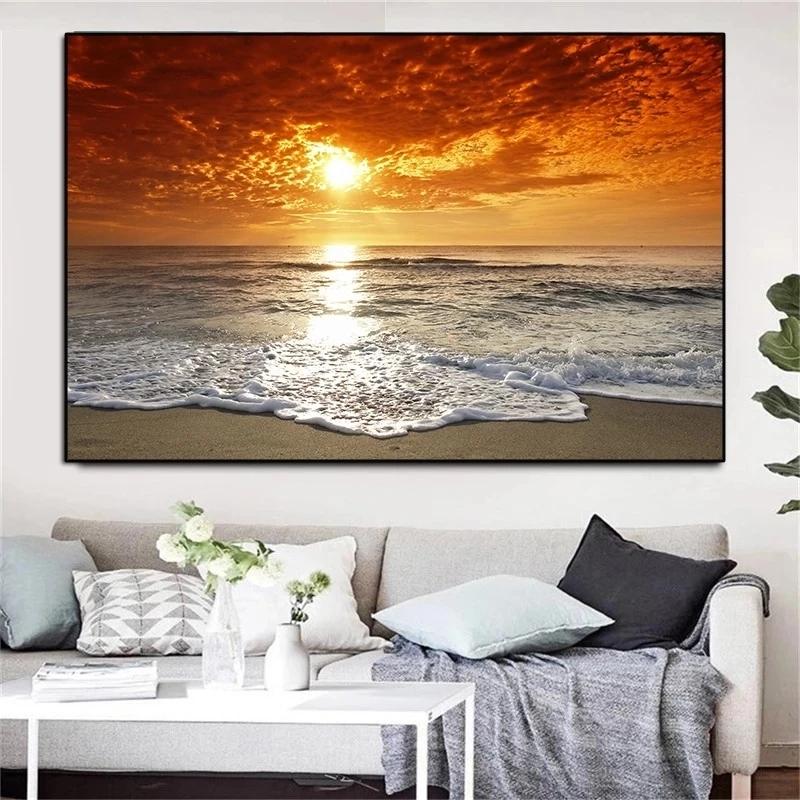 Sonnenaufgang, Meereslandschaft, Strand, Leinwandgemälde, moderne Poster und Drucke, Cuadros, Wandkunst, Bilder, Wohnzimmer, Heimdekoration, ohne Rahmen, ohne Rahmen
