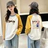 Girls' Color Block Long Sleeve Cotton T-Shirt - Stylish Round Neck Patchwork Top for Spring & Autumn