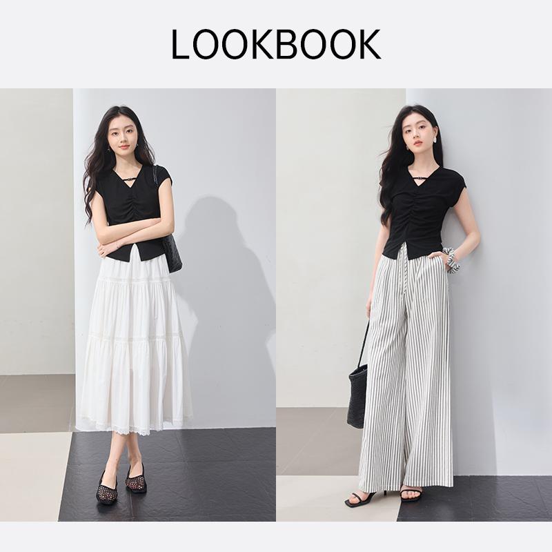 Pinch pleat waist cinching V-neck small fly sleeve short sleeved T-shirt