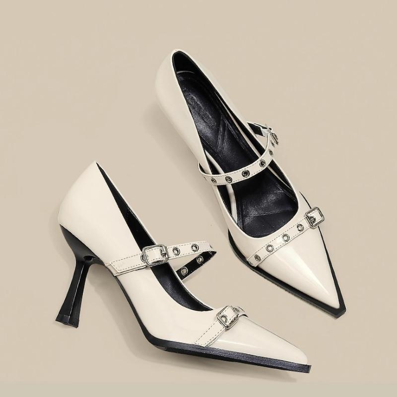 2026 New French Pointed Toe Rivet High Heels for Spring and Autumn Women's Stiletto Beautiful Shallow Mouth Strap Single Shoes