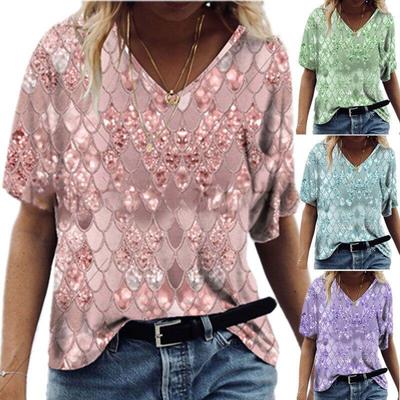 Fashion Spring  Scale Print Blouses Short Sleeved V-Neck T Shirts Casual