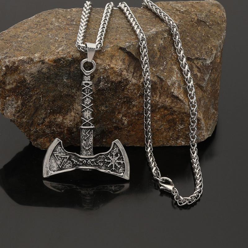 Viking Rune Axe Pendant Necklace Retro Norse Style Party Accessory 60cm
