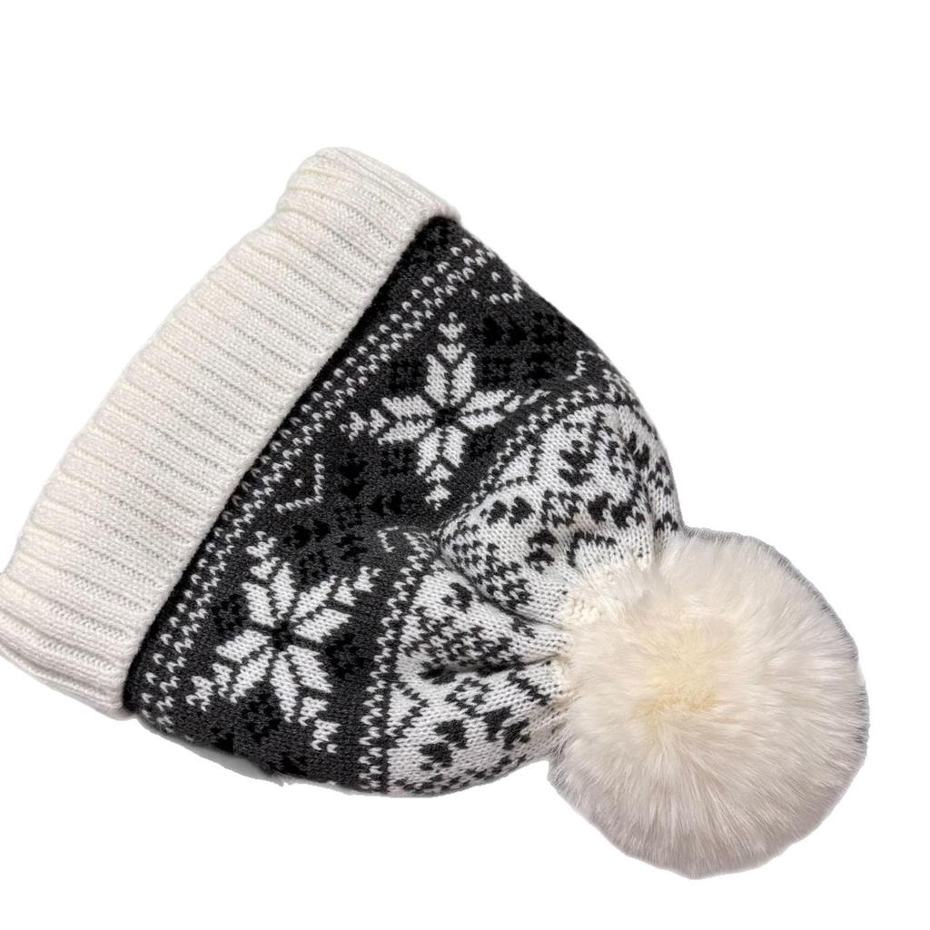Fair Isle Wool Knit Hat: Warm, Plush, Plus-Size Jacquard, Autumn/Winter Retro, Small Face Rabbit Hair.
