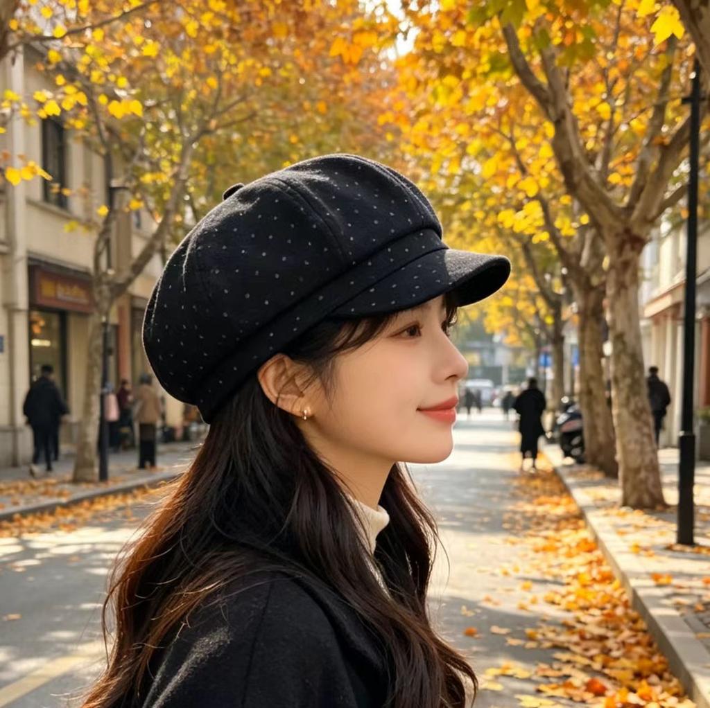 New spring and autumn retro polka dot student octagonal hat women's fashion versatile face small beret painter hat tide